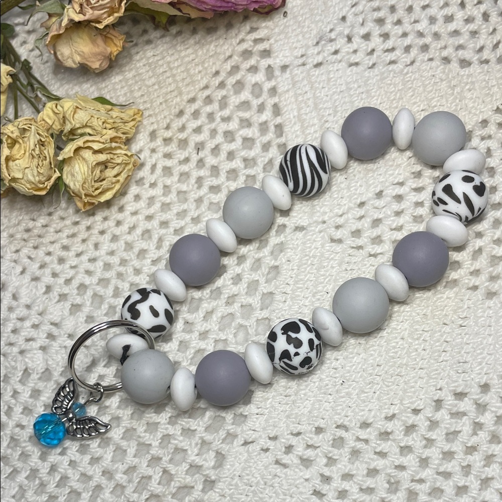 Gray and White Silicone Beaded Keychain Bracelet with Angel Charm